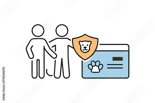 Two people with pet insurance policy isolated on white background shield with dog and paw print