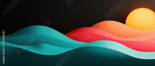 A vibrant abstract landscape featuring flowing waves in shades of blue, pink, and orange, with a glowing sun against a dark background.