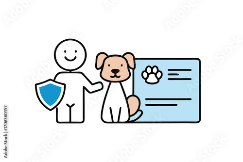 Person with dog and pet insurance policy isolated on white background shield with smile face and paw print