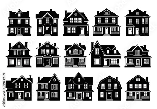 A comprehensive set of diverse residential house silhouettes, showcasing various architectural styles from classic to modern, ideal for urban planning and design projects