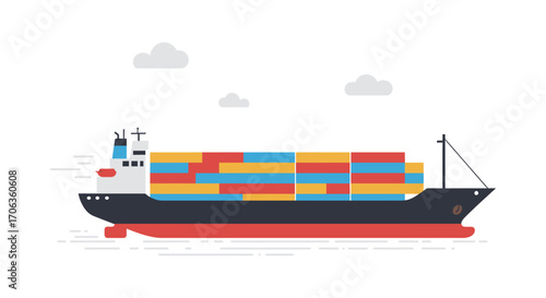 a large cargo ship carrying colorful containers across ocean