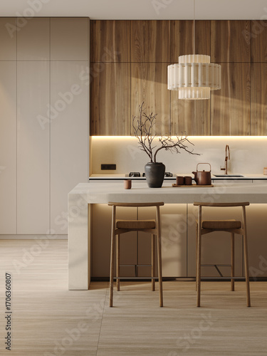 Bild auf Leinwand Modern minimalist kitchen with beige cabinets, wooden details, island counter an