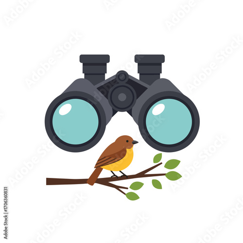 Binoculars above a bird on a branch