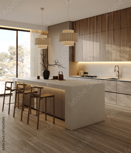 Cuadro en lienzo modern cozy house in Japanese minimalist style with natural wood, stone floor, warm cozy kitchen with beige kitchen island