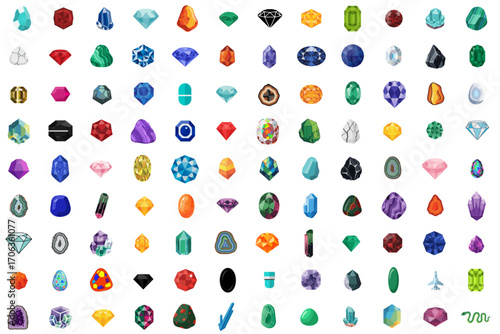 Colorful game gem icons set in cartoon style on white background