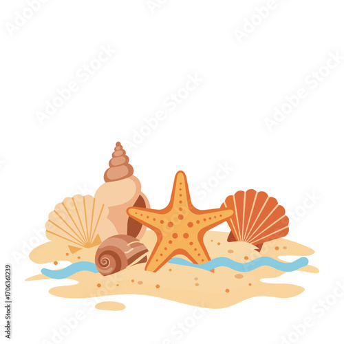 Cartoonish seashells and a starfish on a sandy beach with blue waves