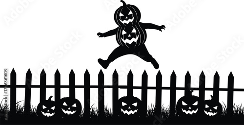 Silhouette of a pumpkin headed figure jumping over a fence for halloween night