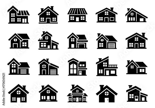 A versatile collection of residential house silhouettes. Graphic vector icons representing various architectural home designs for real estate