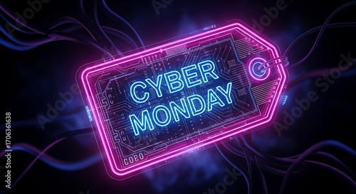 Cyber monday cyber monday neon tag with glowing lights and abstract lines on dark background, online shopping and sale concept, futuristic design element