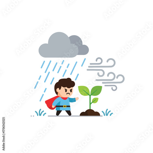 A superhero protects a plant from rain and wind