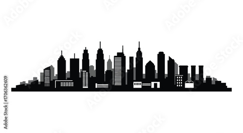 a city skyline silhouette featuring tall skyscrapers and urban buildings