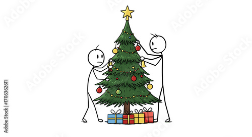 Stick figures decorate the Christmas tree on a white background 