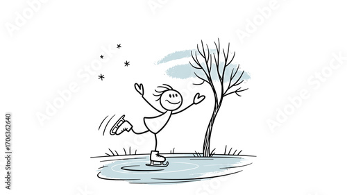 Stick figure girl ice skating joyfully on frozen pond in winter  