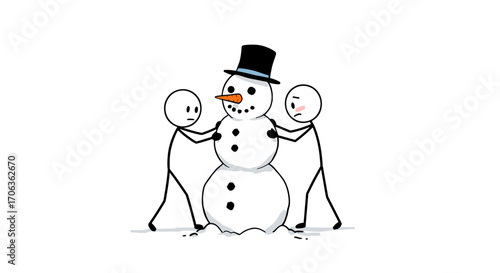 Two stick figures building a snowman with a hat and carrot nose  