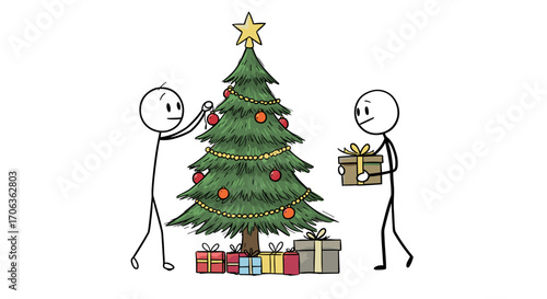 Stick figures decorate the Christmas tree and place gifts under it. 