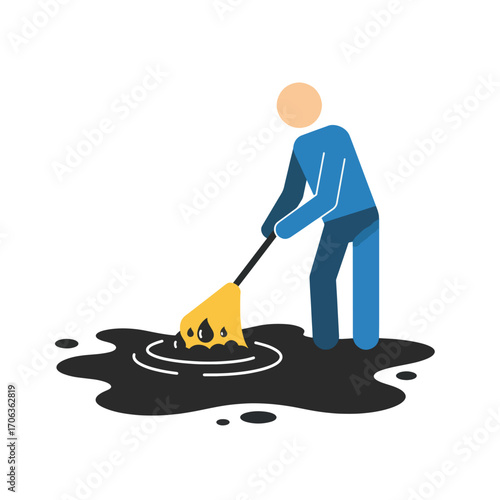 A blue stick figure mops up a black liquid spill