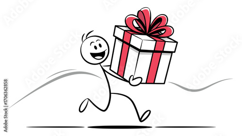Stick figure running with wrapped gift and smiling happily  