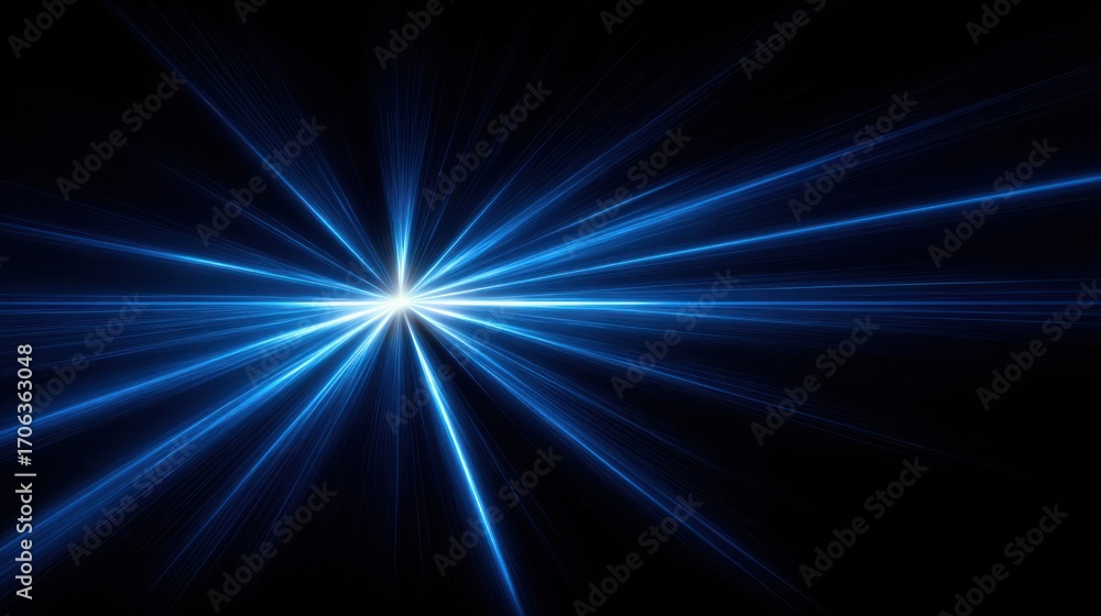Fototapeta premium Brilliant blue starburst explosion emanating light rays against a deep black background