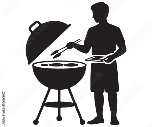 Silhouette of man grilling on barbecue with tongs and food tray, summer outdoor cooking, picnic, leisure, backyard party, lifestyle, holiday gathering, BBQ symbol, vector illustration in black and whi