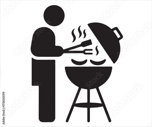 Man silhouette grilling on barbecue with tongs and food tray in outdoor summer scene