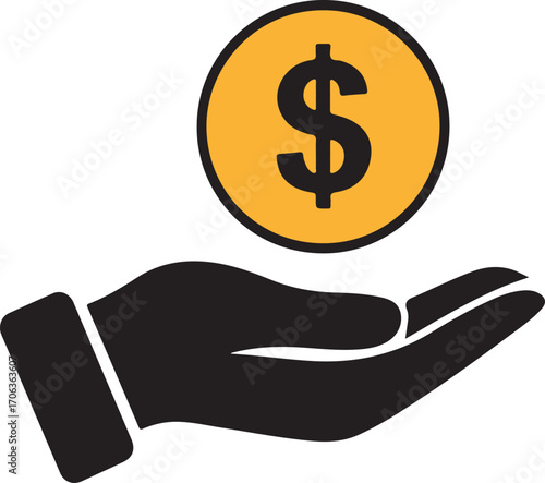 Hand in dollar coin vector,Dollar icon,Hand holding dollar coin,Dollar Symbol, giving dollar hand black