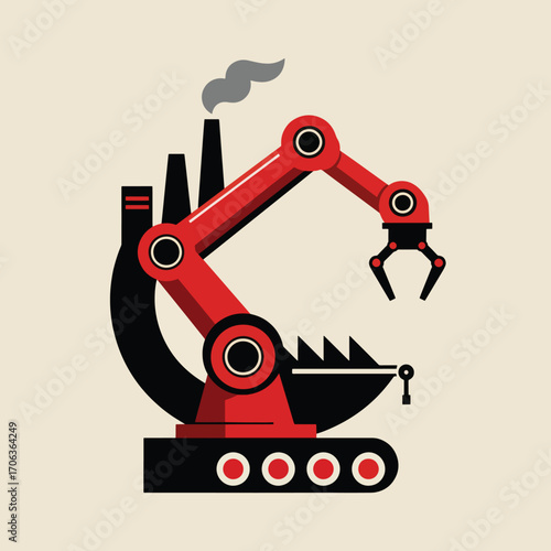 Red robotic arm with industrial elements on a beige background