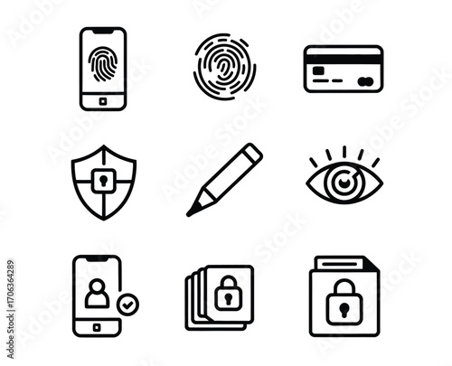 Collection of Security and Technology Icons Fingerprint, Credit Card, and More