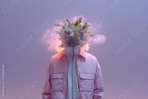 Surreal figure with cannabis plant head and glowing smoke in pastel jacket