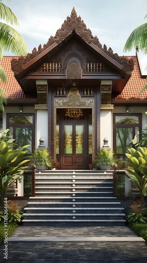Fototapeta premium Majestic entrance showcasing meticulous thai architectural design with opulent embellishments and