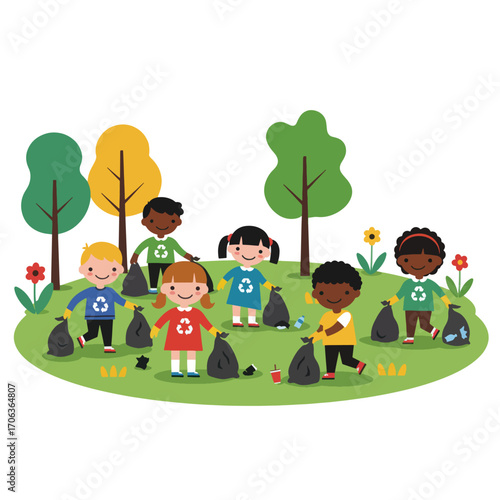 Children cleaning up litter in a park with trees and flowers