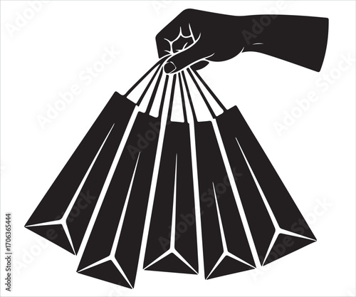 Black silhouette of a hand holding multiple shopping bags, retail store illustration for consumerism, sale, commerce, fashion, purchase, lifestyle, business, marketing, and e-commerce design concept