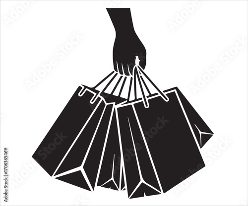 Hand holding multiple shopping bags silhouette symbol for retail and commerce illustration