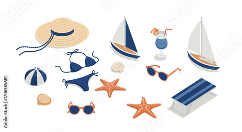 Summer beach essentials: nautical hat, bikini, sunglasses, cocktails, and sta…