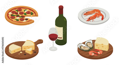Isometric gourmet: wine, cheese, seafood, and pizza delight