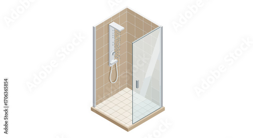Modern isometric shower stall with glass door and tile walls