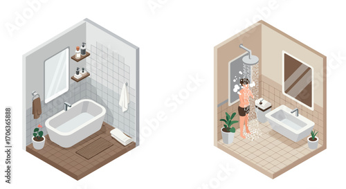 Modern isometric bathroom interior with bathtub and shower scene