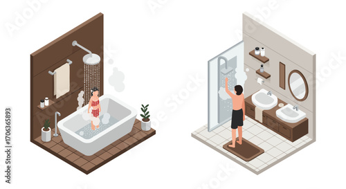 Isometric bathroom scenes: bath and shower with modern design elements