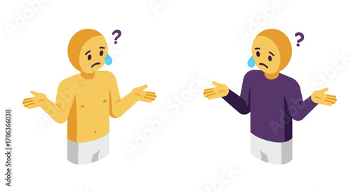 Isometric characters shrugging in confusion with question marks