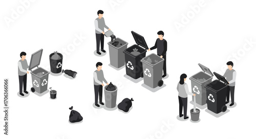 Isometric recycling concept with people sorting waste into bins for environme…