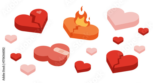 Heart shapes with emotional symbols in isometric style