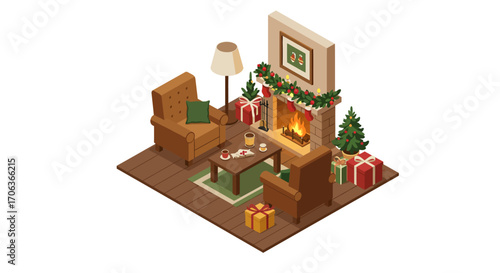 Cozy christmas living room with fireplace and festive decorations in isometri…