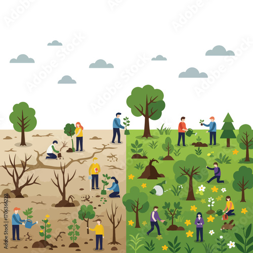 People planting trees in a barren and green landscape