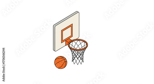 Isometric basketball hoop with ball on white background