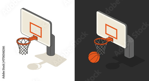 Isometric basketball hoop with ball on dual background day and night design