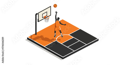 Isometric basketball court with player shooting hoops