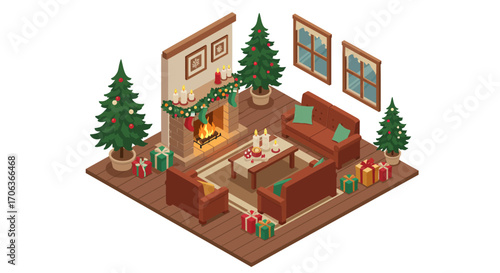 Cozy christmas living room isometric design with fireplace and festive decor