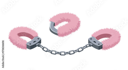 Pink furry handcuffs set on white background: plush, metal, chain