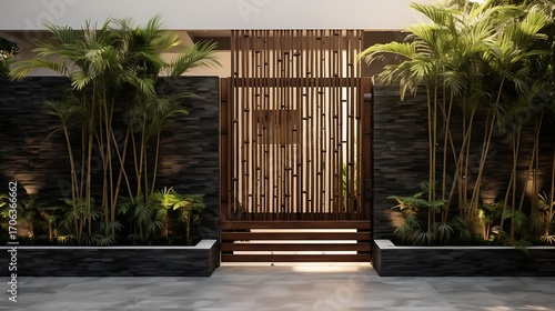 Exotic entrance with modern gate design surrounded by lush tropical plants and landscape