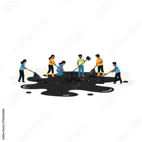 People cleaning an oil spill with shovels and bags