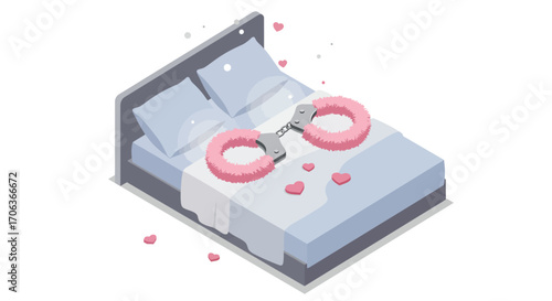 Romantic bedroom scene with fluffy handcuffs and hearts in isometric style